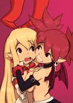  34no404 alternate_breast_size asymmetrical_docking bat_wings blonde_hair breast_press breasts demon_girl disgaea elbow_gloves etna flat_chest flonne flonne_(fallen_angel) gloves large_breasts long_hair makai_senki_disgaea mini_wings multiple_girls pointy_ears red_eyes red_hair sideboob topless wings 