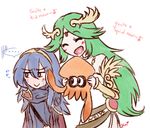  2girls animal bare_shoulders blue_eyes blue_hair cape closed_eyes commentary company_connection crossover english fire_emblem fire_emblem:_kakusei green_hair inkling jewelry kid_icarus kid_icarus_uprising long_hair lowres lucina mahoxyshoujo meme multiple_girls music necklace palutena singing splatoon_(series) splatoon_1 squid super_smash_bros. tiara very_long_hair 