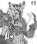  animal_ears arm_blade banned_artist blue_eyes braid breasts cat_ears choker cleavage earrings eyepatch gauntlets genderswap genderswap_(mtf) glowing glowing_eye heterochromia humanization jewelry large_breasts league_of_legends long_hair midriff navel paul_kwon pauldrons rengar scar side_braid solo tooth_necklace upper_body weapon white_hair yellow_eyes 