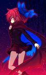  cape covering_mouth glowing glowing_eyes gradient gradient_background hair_ornament hair_ribbon highres light_particles long_sleeves looking_away miniskirt miruki profile red_eyes red_hair ribbon sekibanki shirt short_hair skirt solo torn_cape touhou 