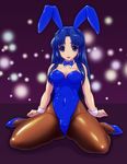  animal_ears asakura_ryouko blue_eyes blue_hair bow bowtie bunny_ears bunnysuit dengeki_gx derivative_work detached_collar highres long_hair pantyhose sitting solo suzumiya_haruhi_no_yuuutsu wariza wrist_cuffs 