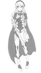  1girl armor barefoot boots breasts cape fire_emblem fire_emblem_if hairband kamui_(fire_emblem) long_hair monochrome my_unit_(fire_emblem_if) skirt smile thighhighs 