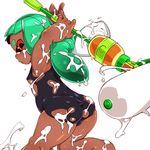  aqua_hair arms_behind_head arms_up ass dark_skin domino_mask inkling long_hair mask omiya_(louise-louis-lucille) one-piece_swimsuit orange_eyes paint paint_roller school_swimsuit simple_background solo splat_roller_(splatoon) splatoon_(series) splatoon_1 suggestive_fluid swimsuit tentacle_hair torn_clothes torn_swimsuit white_background 