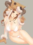  adjusting_clothes adjusting_swimsuit animal_hat anza_tomo arm_support bad_id bad_twitter_id bikini bikini_pull blush breasts brown_eyes brown_gloves brown_hair cleavage daetta_(granblue_fantasy) draph elf gloves granblue_fantasy grey_background halterneck hat highleg highleg_panties highres huge_breasts long_hair looking_at_viewer open_mouth panties pointy_ears simple_background skindentation solo strap_pull swimsuit thighs underwear white_bikini 
