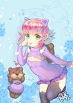  :p animal_ears annie_hastur backpack bag cat_ears dakun green_eyes hairband heart league_of_legends looking_at_viewer meme_attire open-chest_sweater pink_hair short_hair sleeves_past_wrists solo stuffed_animal stuffed_toy sweater teddy_bear thighhighs tibbers tongue tongue_out 