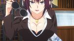  1girl animated animated_gif bouncing_breasts breasts cleavage large_breasts minegasaki_yaeko purple_hair shokugeki_no_souma 