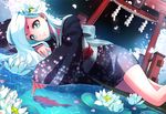  bad_id bad_pixiv_id blue_eyes dutch_angle fish floral_print flower glowing hair_flower hair_ornament highres japanese_clothes kimono lily_pad lying marmalade_(elfless_vanilla) miniskirt night on_side original partially_submerged petals ripples skirt solo torii white_hair 