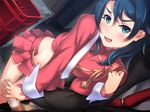  1girl blue_eyes blue_hair blush breasts censored game_cg handjob highres legs long_hair looking_at_viewer midriff mosaic_censoring naughty_face necktie open_mouth penis skirt small_breasts solo_focus standing suzuki_mei thighs unzipped urawaza_spectrum 