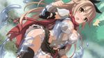  1girl black_legwear blush breastplate breasts brown_eyes brown_hair cleavage detached_sleeves dissolving_clothes dutch_angle fang game_cg large_breasts long_hair miniskirt nose_blush open_mouth outdoors pauldrons pleated_skirt ponytail raelin_(sakura_fantasy) red_scarf sakura_fantasy scarf skirt slime solo tears thighhighs vambraces wanaca 