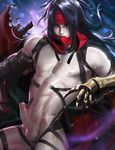  1boy black_hair final_fantasy final_fantasy_vii gauntlets glowing glowing_eyes long_hair looking_at_viewer male_focus male_pubic_hair navel nipples penis pubic_hair red_cape red_eyes sakimichan solo uncensored vincent_valentine 