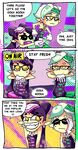  3koma aori_(splatoon) comic commentary cousins domino_mask english fangs grin hotaru_(splatoon) long_hair mask mole mole_under_eye multiple_girls object_on_head open_mouth pantyhose pointy_ears setz smile splatoon_(series) splatoon_1 tentacle_hair 