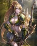 armor arrow bikini_armor blonde_hair bow_(weapon) breasts cleavage cowboy_shot fantasy fingerless_gloves forest gauntlets gloves green_eyes holding jewelry large_breasts lips long_hair looking_at_viewer microskirt midriff nature navel necklace nguyen_uy_vu nose original outdoors pauldrons ponytail realistic skirt smile solo very_long_hair water watermark weapon web_address 