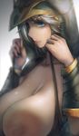  ashe_(league_of_legends) bad_revision blue_eyes breasts breasts_outside cleavage close-up highres hood huge_breasts league_of_legends md5_mismatch nipples pandea_work parted_lips solo strap_lift upper_body vambraces white_hair 
