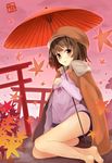  :o autumn_leaves bad_id bad_pixiv_id bakemonogatari barefoot black_hair blush brown_eyes brown_hair cabbie_hat hat looking_at_viewer minari_(minari37) monogatari_(series) multiple_torii oriental_umbrella sengoku_nadeko short_hair sitting solo swimsuit torii umbrella 