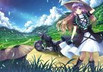  akashio_(loli_ace) black_dress blonde_hair blue_sky boots cloud cross-laced_footwear day dress forest grass ground_vehicle hat hijiri_byakuren jewelry landscape layered_dress lens_flare long_hair motor_vehicle motorcycle nature necklace outdoors puffy_sleeves purple_eyes purple_hair rice_paddy sky smile solo statue touhou very_long_hair white_dress wind 