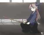 bad_id bad_twitter_id brown_eyes brown_hair hair_intakes headband holding holding_sword holding_weapon japanese_clothes jintsuu_(kantai_collection) kantai_collection kendo long_hair remodel_(kantai_collection) shinai solo souji squatting sword weapon wooden_sword 