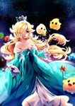  blonde_hair chiko_(mario) crown curly_hair dress gradient gradient_background hair_over_one_eye long_hair luma maruuki nintendo open_mouth rosalina_(mario) rosetta_(mario) smile space sparkle star-shaped_pupils star_(sky) strapless_dress super_mario_bros. super_mario_galaxy symbol-shaped_pupils wand 