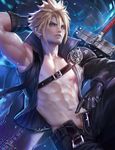  abs arm_behind_head armpits asymmetrical_clothes banned_artist blonde_hair blue_eyes buster_sword cloud_strife cowboy_shot earrings final_fantasy final_fantasy_vii final_fantasy_vii_advent_children gloves highres jewelry male_focus navel nipples open_clothes open_shirt over_shoulder parted_lips pointing pointing_at_self sakimichan shirt single_spaulder sitting solo sword sword_over_shoulder toned toned_male unzipped weapon weapon_over_shoulder 