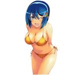  7-tan ;d arms_behind_back bangs bikini blue_eyes blue_hair blue_hairband blush breasts cleavage collarbone cowboy_shot eyebrows_visible_through_hair green_eyes groin hair_between_eyes hair_ornament hairband hairclip happy heart heart_hair_ornament highres hips large_breasts leaning_forward legs_together looking_at_viewer madobe_nanami multicolored multicolored_eyes one_eye_closed open_mouth orange_bikini os-tan parted_bangs shiny shiny_hair short_hair side-tie_bikini sideboob smile solo standing strap_gap swimsuit thighs third-party_edit tomose_shunsaku wakaba white_background yellow_eyes 