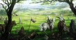 absurdres armor arrow bow_(weapon) castle crowd fantasy gauntlets highres horse long_hair meadow original pointing polearm scenery shiki_makoto spear tree weapon white_hair white_horse 