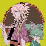  artist_name blue_hair braid flat_color flower hair_flower hair_ornament height_difference japanese_clothes l_hakase long_hair lowres male_focus multiple_boys pink_hair sayo_samonji souza_samonji touken_ranbu twitter_username 