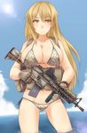  assault_rifle ayyh bad_id bad_pixiv_id bikini blonde_hair breasts cameltoe cleavage eotech gloves gun highres holding holding_gun holding_weapon huge_breasts laser_sight load_bearing_vest long_hair looking_at_viewer m4_carbine military original rifle shiny shiny_skin side-tie_bikini skindentation solo standing swimsuit trigger_discipline vertical_foregrip wading weapon yellow_eyes 
