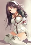  agnes_oblige arms_behind_back bare_shoulders bdsm black_hair blush bondage boots bound bravely_default:_flying_fairy bravely_default_(series) bravely_second:_end_layer breasts brown_eyes crotch_rope dress elbow_gloves gloves hairband harimoji highres long_hair medium_breasts rope shibari shibari_over_clothes sitting solo thighhighs white_footwear white_legwear 