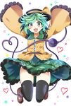  black_legwear commentary_request e.o. floral_print green_eyes green_hair hat hat_ribbon heart heart_of_string jumping komeiji_koishi long_sleeves looking_at_viewer open_mouth outstretched_arms ribbon shirt skirt sleeves_past_wrists smile solo thighhighs third_eye touhou upskirt wide_sleeves zettai_ryouiki 