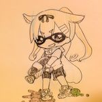  alternate_costume alternate_hairstyle chibi commentary domino_mask fingerless_gloves gloves grin hair_flaps hair_ornament hairclip jako_(jakoo21) kantai_collection looking_at_viewer mask ponytail remodel_(kantai_collection) scarf shirt shoes shorts sketch smile splatoon_(series) splatoon_1 splattershot_(splatoon) t-shirt traditional_media yuudachi_(kantai_collection) 
