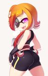  :d artist_name ass bare_shoulders belt bike_shorts black_gloves blueberry_(5959) blush breastplate breasts cosplay cowboy_shot domino_mask elbow_gloves fangs fingerless_gloves from_behind gloves heavy_breathing highres inkling large_breasts long_hair looking_back mask naughty_face octarian octoling open_mouth orange_hair purple_eyes saliva shiny shiny_clothes sidelocks silver_background simple_background single_vertical_stripe skin_tight sleeveless smile solo splatoon_(series) splatoon_1 takozonesu takozonesu_(cosplay) tentacle_hair tongue tongue_out 