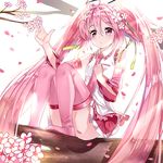  ahoge cherry_blossoms detached_sleeves gendo0032 hand_on_own_chest hatsune_miku in_tree long_hair necktie pink_eyes pink_hair pink_legwear sakura_miku sitting sitting_in_tree skirt solo thighhighs tree twintails very_long_hair vocaloid white_background 