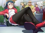  1girl ass bald blue_eyes blue_hair blush breasts chair computer feet game_cg glasses high_heels highres jacket legs_crossed long_hair looking_at_viewer mustache panties panties_under_pantyhose pantyhose plant scar sitting skirt small_breasts smile standing sunglasses suzuki_mei table underwear upskirt urawaza_spectrum yarai_meshia 