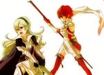  2girls armor boots breasts cape dress fire_emblem fire_emblem_if gauntlets gloves grey_hair hair_ornament hairband hinoka_(fire_emblem) hinoka_(fire_emblem_if) kamui_(fire_emblem) long_hair multiple_girls my_unit_(fire_emblem_if) naginata open_mouth pink_eyes red_eyes red_hair scarf short_hair shoulder_pads sisters sword thigh_boots thighhighs weapon white_background 