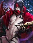  1boy black_hair final_fantasy final_fantasy_vii gauntlets glowing glowing_eyes long_hair looking_at_viewer male_focus male_pubic_hair navel nipples open_clothes penis pubic_hair red_cape red_eyes sakimichan solo uncensored vincent_valentine 