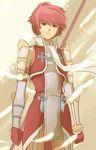  1girl armor brown_background dress fire_emblem fire_emblem_if gloves hinoka_(fire_emblem) hinoka_(fire_emblem_if) open_mouth red_eyes red_hair scarf short_hair weapon 