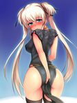  ass black_legwear blue_eyes blush brll china_dress chinese_clothes covering covering_ass cowboy_shot dress from_behind hair_ribbon highres impossible_clothes long_hair looking_back mabinogi nao_(mabinogi) no_panties ribbon silver_hair solo tears thighhighs twintails 