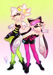  ;) alan_campos aori_(splatoon) bare_shoulders bent_over detached_collar domino_mask dress earrings gloves gradient gradient_background green_legwear grin highres hotaru_(splatoon) jewelry lips long_hair mask mole mole_under_eye multiple_girls one_eye_closed orange_eyes pantyhose pointy_ears purple_legwear short_hair siblings sisters smile splatoon strapless strapless_dress tentacle_hair unitard white_gloves 