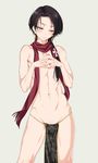  abs androgynous bad_id bad_pixiv_id blush brown_hair groin hair_ornament highres kashuu_kiyomitsu kure_masahiro loincloth long_hair looking_down male_focus mole mole_under_mouth nail_polish nude pelvic_curtain red_eyes red_nails scarf solo steepled_fingers toned toned_male touken_ranbu 