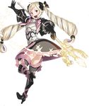  1girl armor blonde_hair boots elise_(fire_emblem_if) fire_emblem fire_emblem_if gloves high_heels kozaki_yuusuke long_hair nintendo official_art ribbon simple_background skirt staff thigh_boots thighhighs twintails 