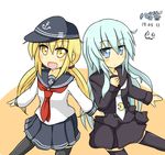  anchor_symbol black_legwear black_serafuku black_skirt blonde_hair cosplay costume_switch crescent dated flat_cap goodsun_sunkumi hat hibiki_(kantai_collection) hibiki_(kantai_collection)_(cosplay) highres kantai_collection long_hair long_sleeves multiple_girls neckerchief necktie pantyhose pleated_skirt red_neckwear satsuki_(kantai_collection) satsuki_(kantai_collection)_(cosplay) school_uniform serafuku silver_hair skirt twintails white_neckwear 