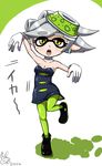  2015 breasts choker cleavage dated domino_mask dress earrings fangs green_legwear highres hotaru_(splatoon) jewelry leg_up mask medium_breasts mole mole_under_eye pantyhose pointy_ears short_hair silver_hair solo splatoon_(series) splatoon_1 strapless strapless_dress usa_(dai9c_carnival) yellow_eyes 