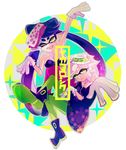  ;d aori_(splatoon) artist_request breasts cleavage cousins detached_collar domino_mask dress earrings fangs food food_on_head gloves green_legwear hotaru_(splatoon) jewelry long_hair mask mole mole_under_eye multiple_girls object_on_head one_eye_closed open_mouth pantyhose pointy_ears purple_hair purple_legwear short_hair small_breasts smile splatoon_(series) splatoon_1 tentacle_hair white_gloves white_hair yellow_eyes 