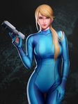  audia_pahlevi blonde_hair bodysuit breasts collarbone cowboy_shot eyelashes green_eyes gun hair_over_shoulder handgun highres holding holding_gun holding_weapon large_breasts light_smile lips long_hair looking_at_viewer metroid nose pistol ponytail samus_aran solo thigh_gap trigger_discipline weapon zero_suit 