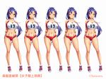  1girl blue_hair blush breasts brown_eyes character_name cleavage feet game_cg highres huge_breasts legs long_hair looking_at_viewer midriff navel play!_play!_play!_shi ponytail simple_background smile sneakers sports_bra standing thighs wazakita white_background 