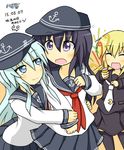  :d ^_^ akatsuki_(kantai_collection) anchor_symbol black_hair black_legwear black_skirt blonde_hair blue_eyes closed_eyes crescent flat_cap goodsun_sunkumi hat hibiki_(kantai_collection) highres kantai_collection long_hair long_sleeves multiple_girls neckerchief necktie open_mouth pantyhose pleated_skirt red_neckwear satsuki_(kantai_collection) silver_hair skirt smile twintails yellow_eyes 