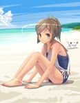  barefoot beach brown_eyes brown_hair cat day haiiro i-401_(kantai_collection) kantai_collection one-piece_swimsuit ponytail school_swimsuit short_hair sitting smile solo swimsuit 