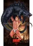  arms_up billy_herrington briefs building carrying_overhead city gachimuchi giant godzilla godzilla_(series) highres lifting male_underwear monster muscle navel nipples open_mouth sharp_teeth shirtless skyscraper smoke standing teeth tongue underwear underwear_only zeze 