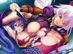  2girls 69 anus areolae armpits ass blue_hair blush breast_press breasts censored chains game_cg highres large_breasts legs long_hair lying mosaic_censoring multiple_girls nipples no_panties on_back play!_play!_play!_shi purple_eyes pussy red_eyes smile spread_legs sweat thighs torn_clothes wazakita white_hair yuri 