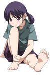  barefoot eyebrows_visible_through_hair feet foreshortening highres legs long_hair matsunaga_kouyou original pov_feet purple_eyes purple_hair shadow shirt shorts simple_background sitting soles solo t-shirt toes twintails white_background 