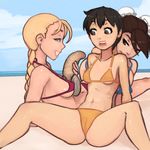  3girls antenna_hair beach between_breasts bikini black_hair blonde_hair blue_eyes braid breasts brown_eyes brown_hair cammy_white chun-li clam day double_bun geoduck grin kasugano_sakura long_hair lowres multiple_girls phallic_symbol short_hair sideboob small_breasts smile spread_legs street_fighter swimsuit twin_braids underboob yuri 